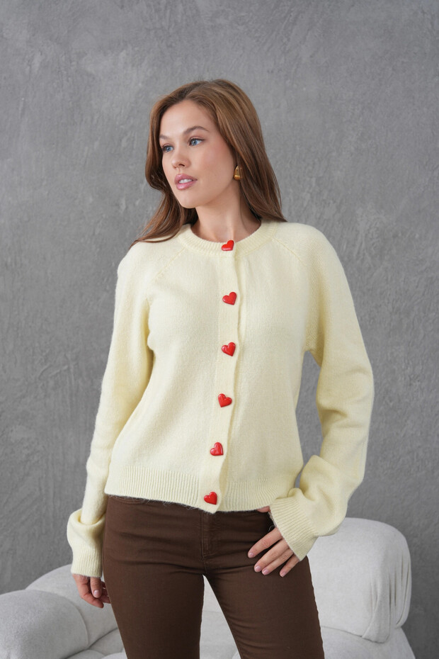 Women's Crew Neck Heart Button Detail Soft Textured Knitwear Jacket 8569Sw