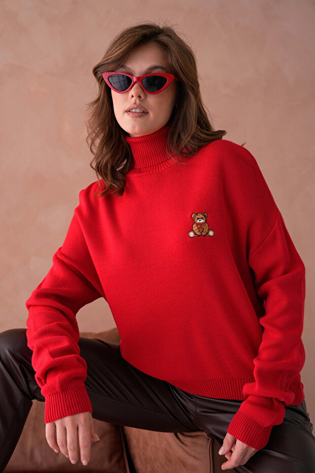 Women's Turtleneck Embroidery Detail Soft Textured Basic Knitwear Sweater 214430