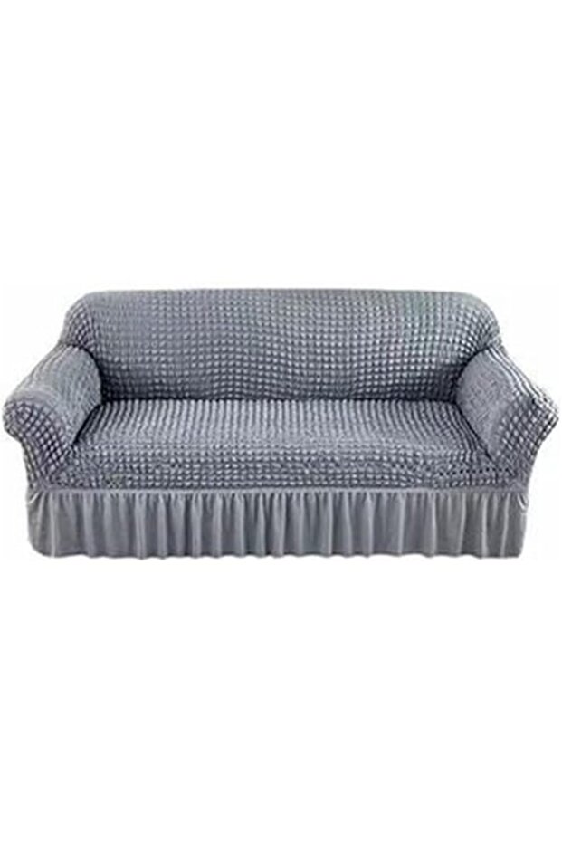 Universal High Elastic Three-Seat Sofa Cover with Puff Sleeve Yarn Skirt, Grey
