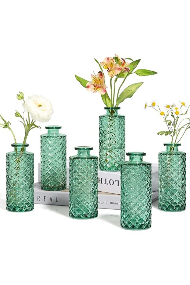 Glass Bud Vases Set of 6 - Green, Modern Boho Table & Home Decor