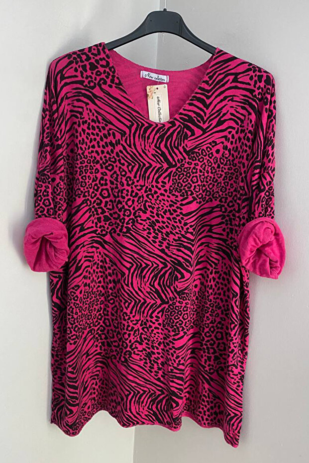 Women's Italian Fuchsia V-Neck Leopard Zebra Patterned Extra Long Blouse Tunic