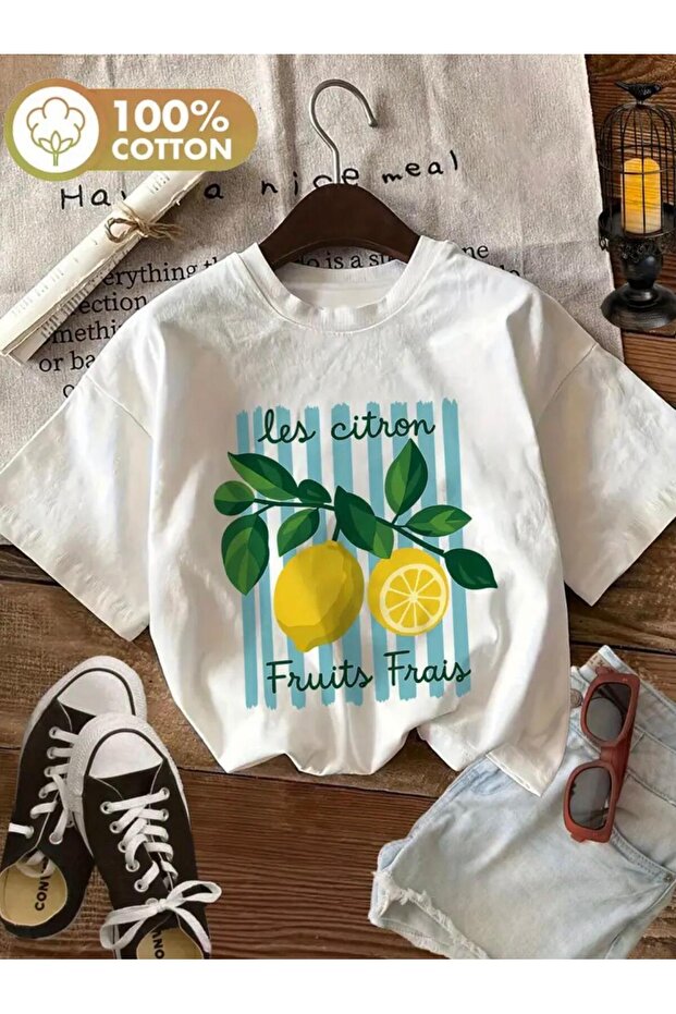 Lemon Printed Short Sleeve Crop Neck Women's White Solid T-Shirt