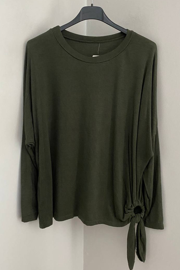 Women's Italian Khaki Round Neck Side Ring Lace Detail Knitwear Blouse Sweater