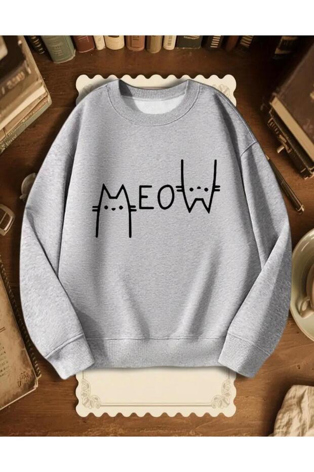Meow Kedi Printed Crew Neck Fleece-Lined Unisex Plain Gray Sweatshirt