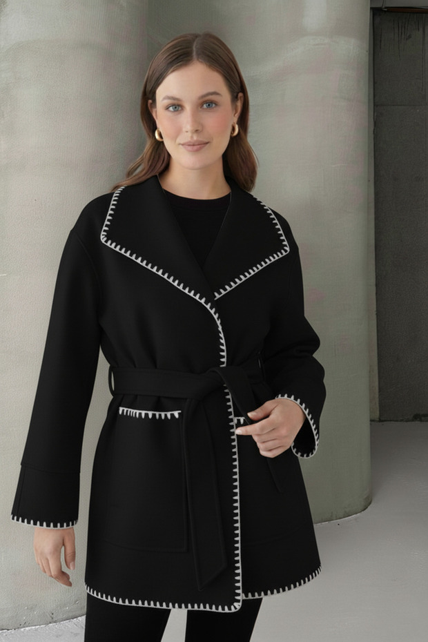 Embroidered Detailed Belted Soft Cashmere Coat