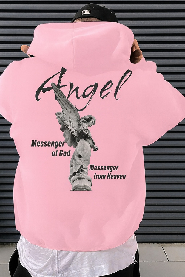 Unisex Oversized Hooded Angel Figured Writing Printed Street Fashion Sweatshirt