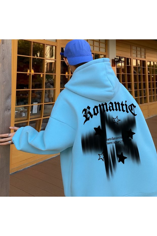 Unisex Oversized Hooded Romantic Font Printed Streetwear Star Pattern Sweatshirt
