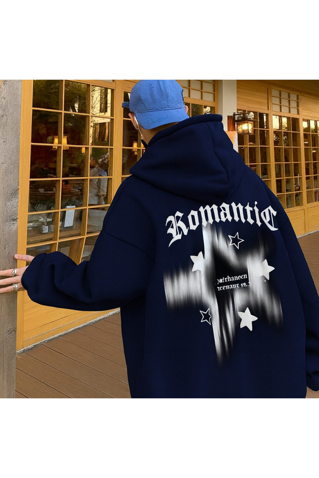 Unisex Oversized Hooded Romantic Font Printed Streetwear Star Pattern Sweatshirt