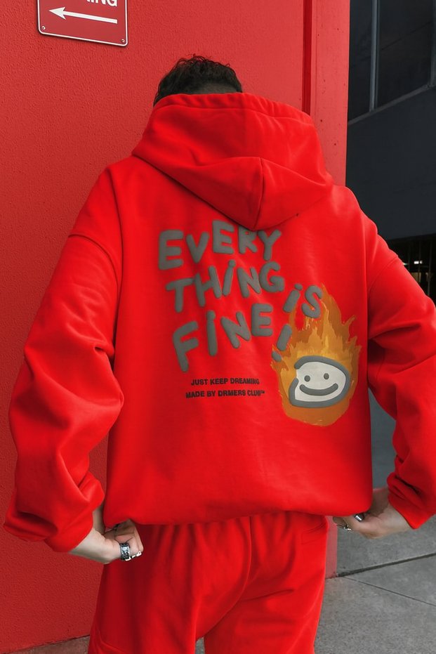Unisex Oversized Hooded Everything Is Fine Text and Flame Emoji Printed Streetwear Sweatshirt