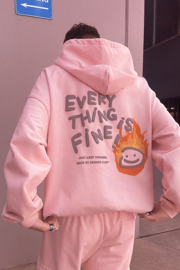 Unisex Oversized Hooded Everything Is Fine Text and Flame Emoji Printed Streetwear Sweatshirt