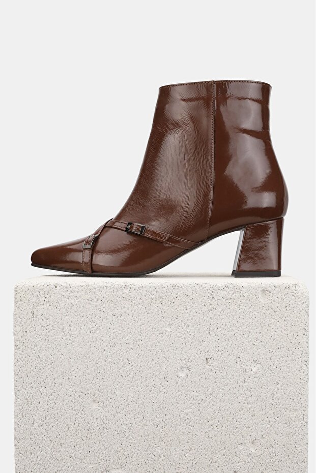 Women's Burgundy Patent Leather Genuine Natural Leather Size 36-41 Thick Heel Pointed Toe Boots & Booties