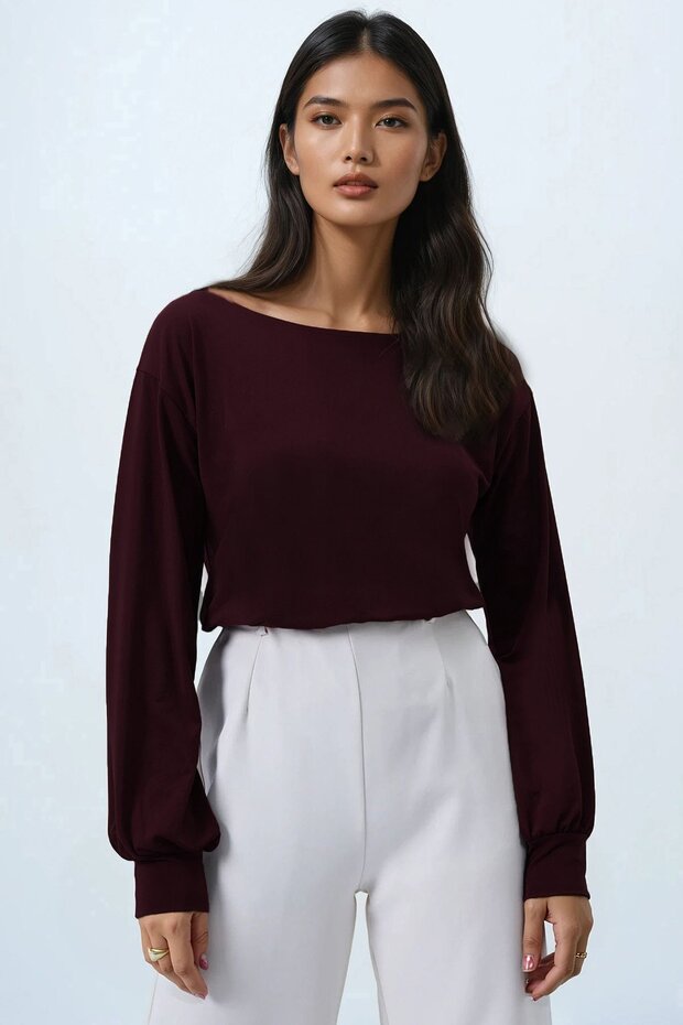 Women's Plum Boat Neck Cuffed Sleeves Blouse Alc-X14393