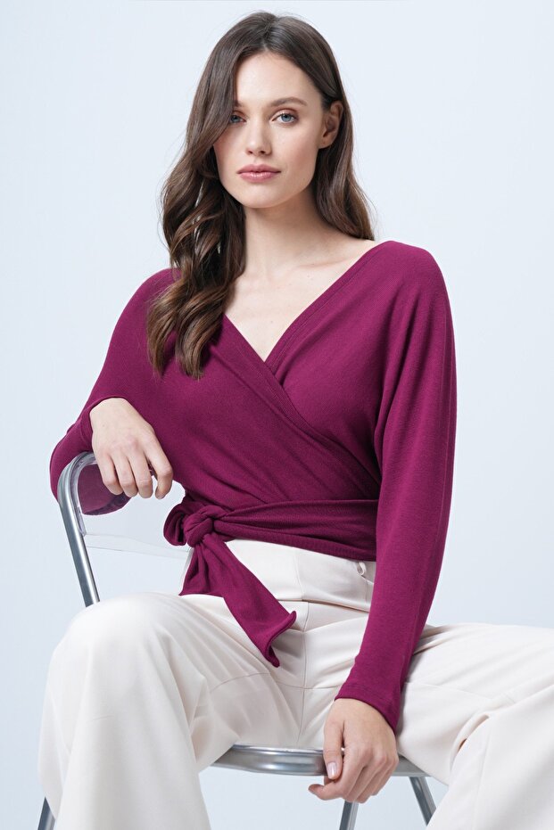 Violet Front and Back Double Breasted Collar Tie Detail Crop Blouse Alc-X14346