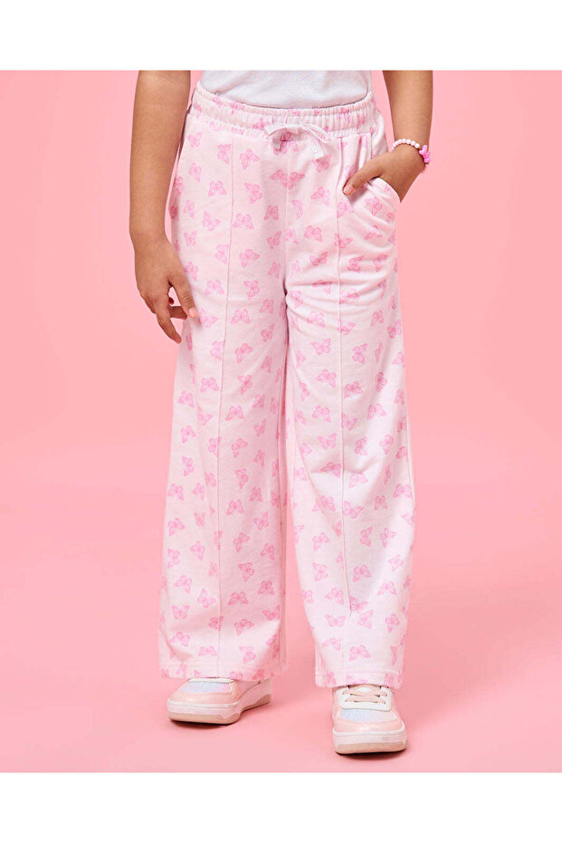 Girls Pink Butterfly Printed Wide leg Active Tracks Pants