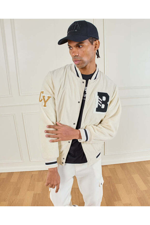 Men Beige Bomber Jacket - 5