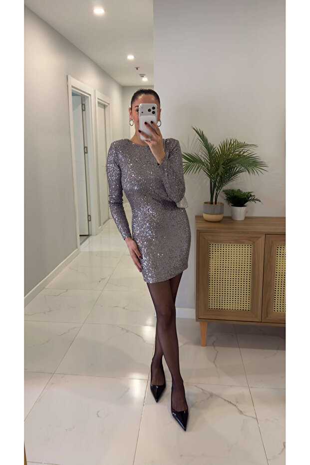 Ogra Gray Sequin Long Sleeve Dress