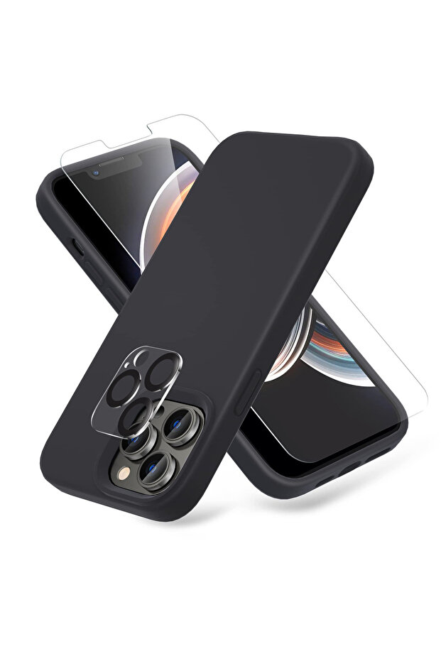غطاء حماية نحيف من السيليكون السائل لجهاز iPhone 14 مقاس 6.1 بوصة، أسود + 2 واقي شاشة + 2 واقي عدسة كاميرا