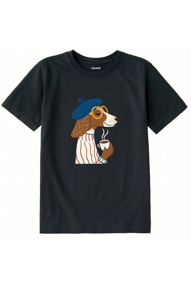 Cotton Fabric Children's T-Shirt – Dog in a Beret Drinking Coffee B Printed T-Shirt