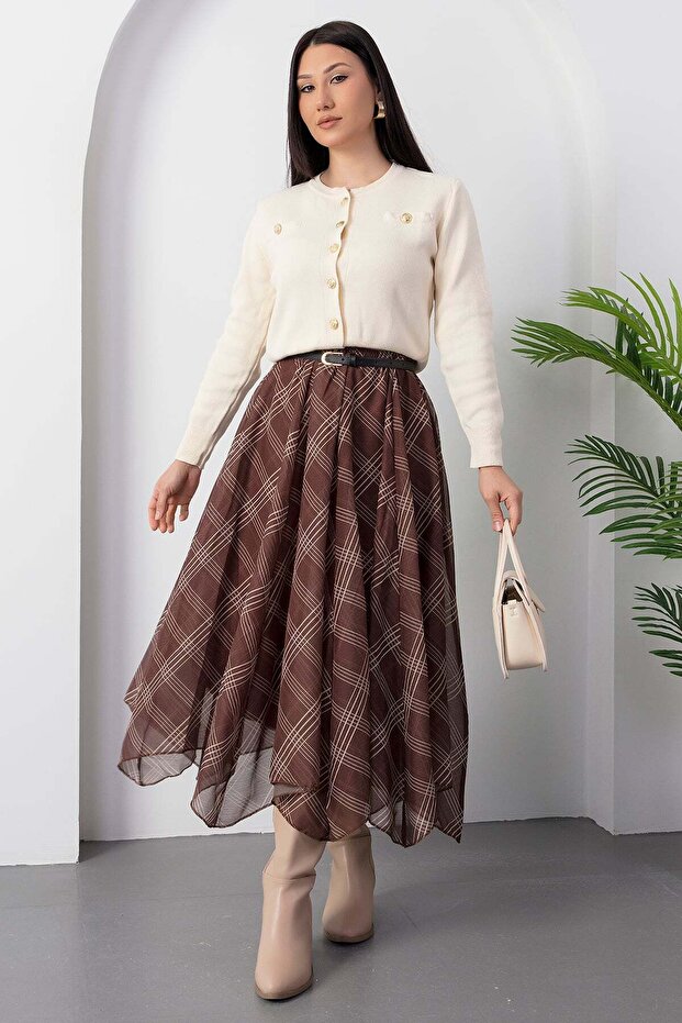 Dilimli Ekose Şifon Etek DKS1378 - 2