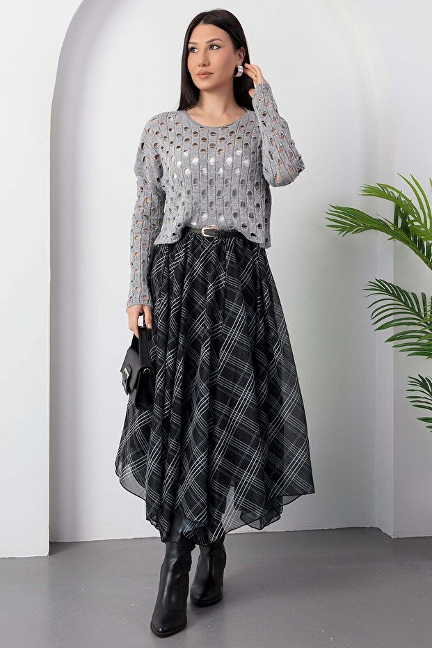 Dilimli Ekose Şifon Etek DKS1378 - 3