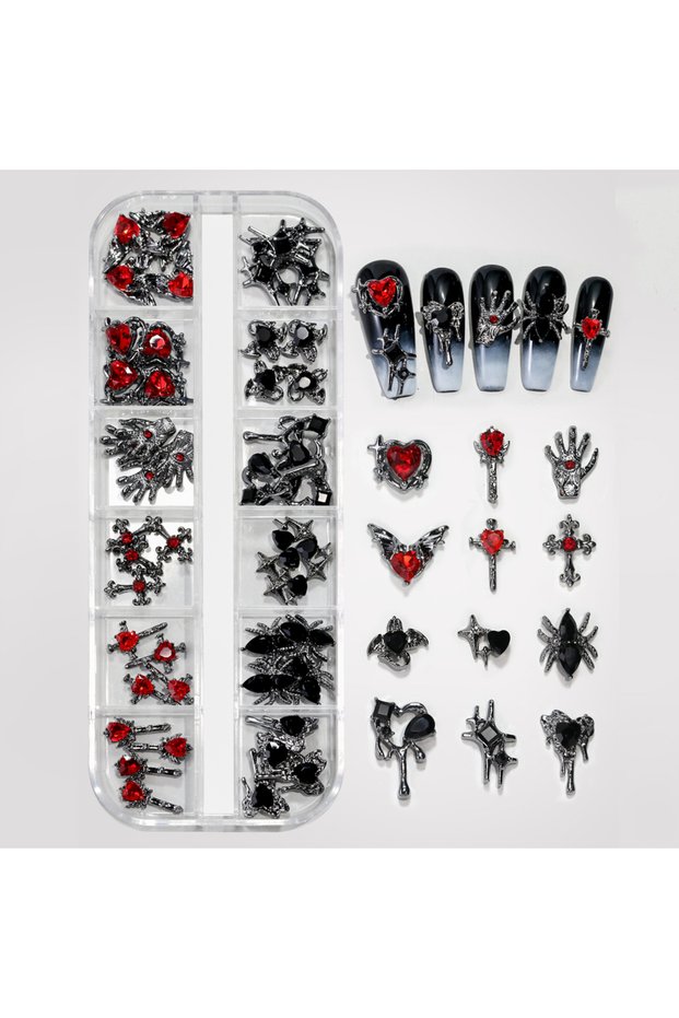 Nail rhinestones 12 Grid Retro Alloy Nail Art Jewelry Gothic Punk Style Y2k Heart-Shaped Cross Spide