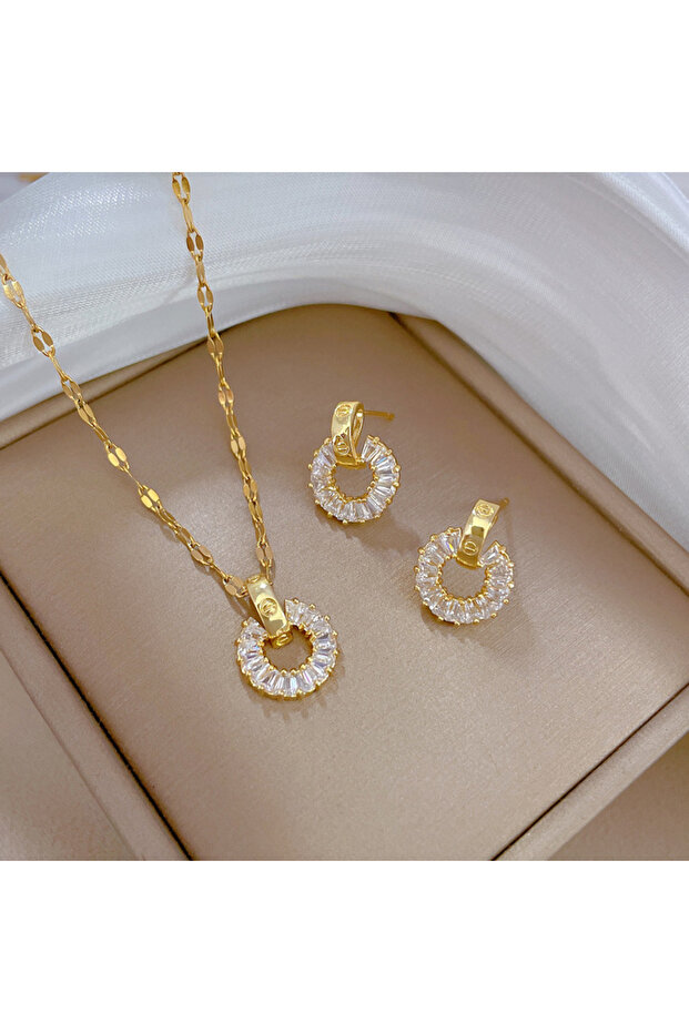 40cm Gold-color Full diamond round ring necklace and earrings set; light luxury micro-inlaid persona
