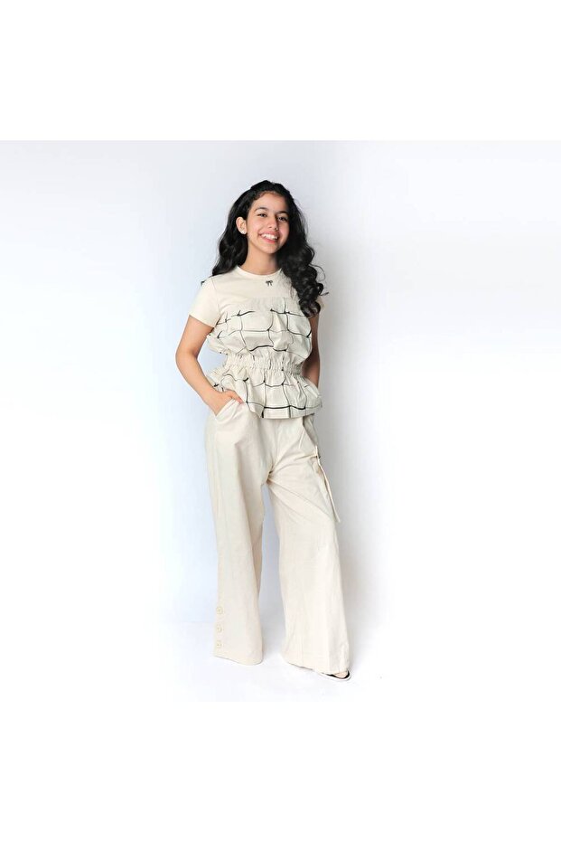 Beige printed blouse with belt