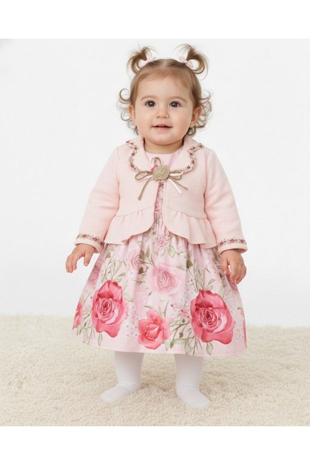 Baby Girl 1-2-3 Years Old Rose Detailed, 2-Piece Dress with Bolero