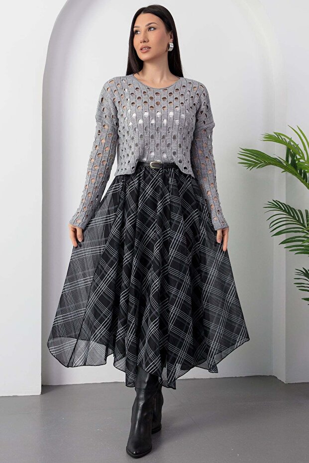 Dilimli Ekose Şifon Etek DKS1378 - 7