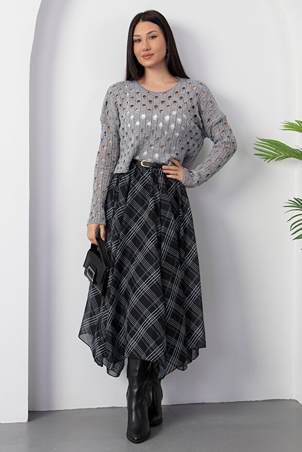 Dilimli Ekose Şifon Etek DKS1378 - 6