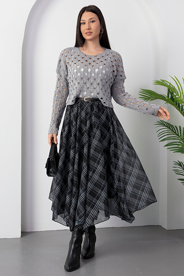 Dilimli Ekose Şifon Etek DKS1378 - 2