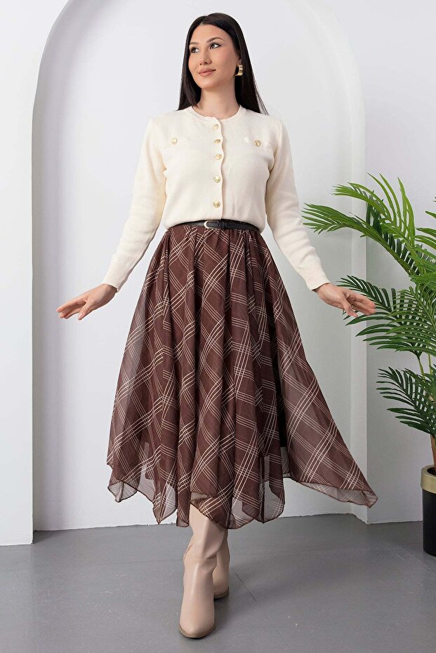 Dilimli Ekose Şifon Etek DKS1378 - 6