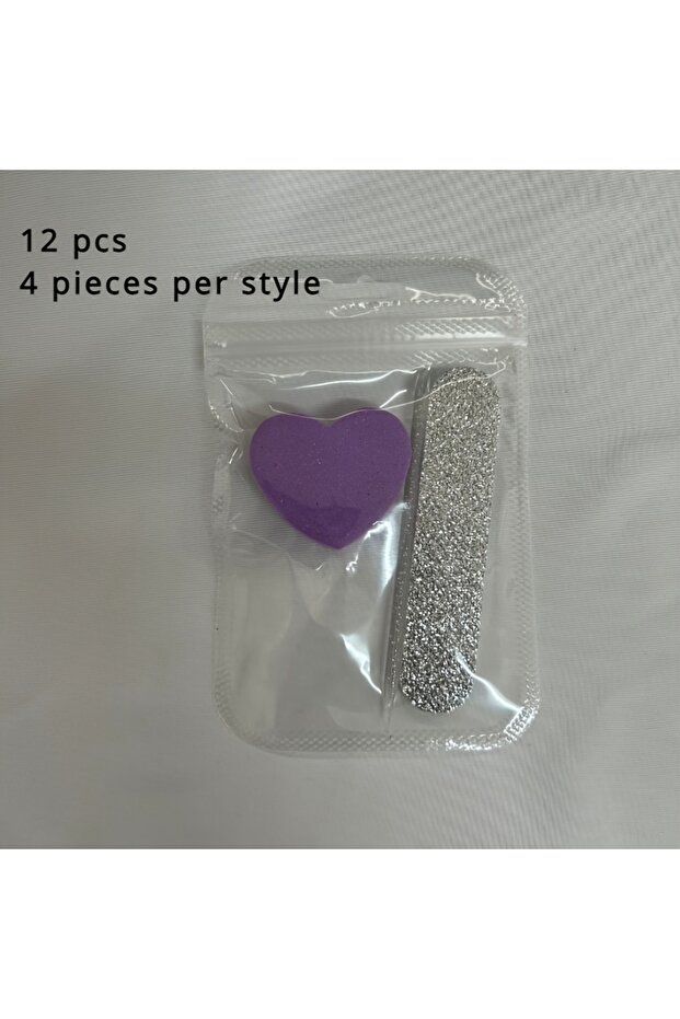 12pcs PURPLE 12 piece set of pink glitter nail care kit - heart-shaped buffer, crystal rod, and dou