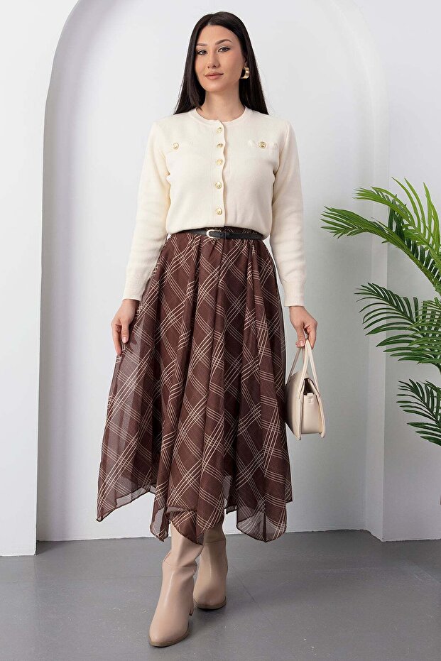 Dilimli Ekose Şifon Etek DKS1378 - 1