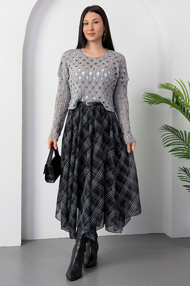 Dilimli Ekose Şifon Etek DKS1378 - 1