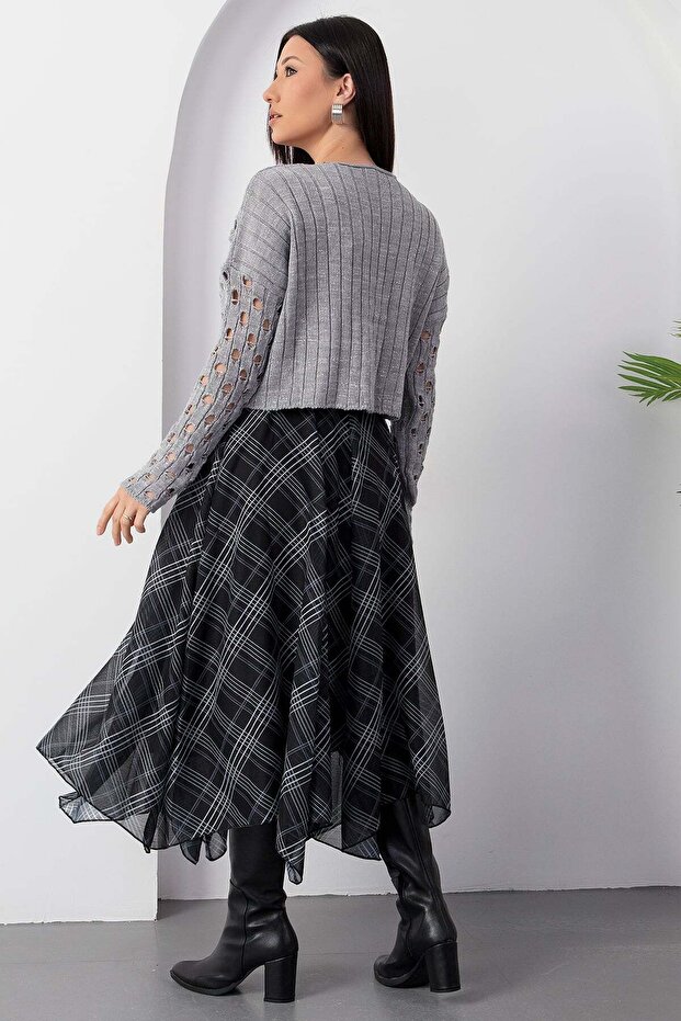 Dilimli Ekose Şifon Etek DKS1378 - 8