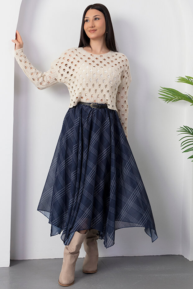 Dilimli Ekose Şifon Etek DKS1378 - 6