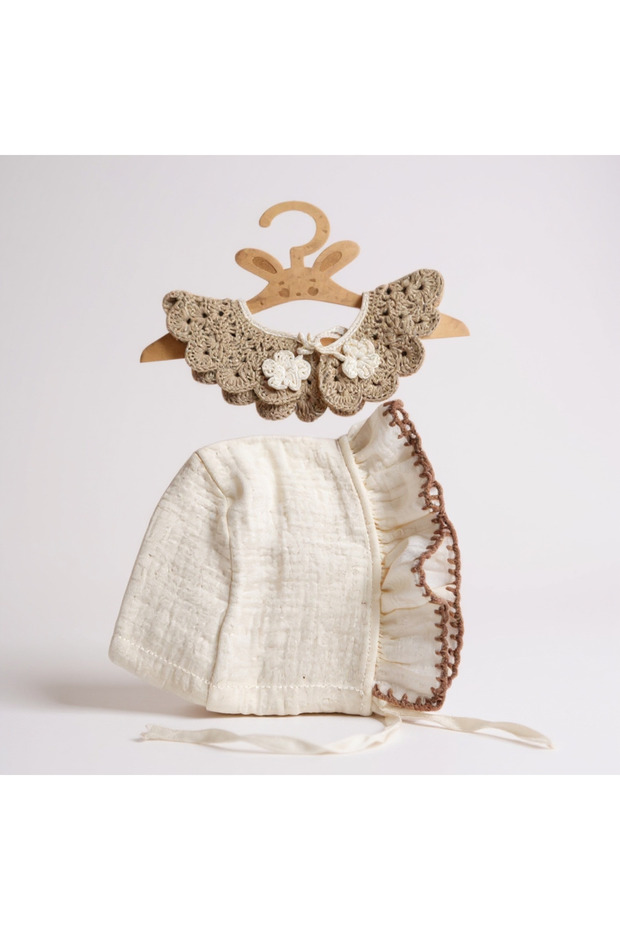 Hand Embroidered 4-Layer Muslin Bonnet Hat and Vintage Collar
