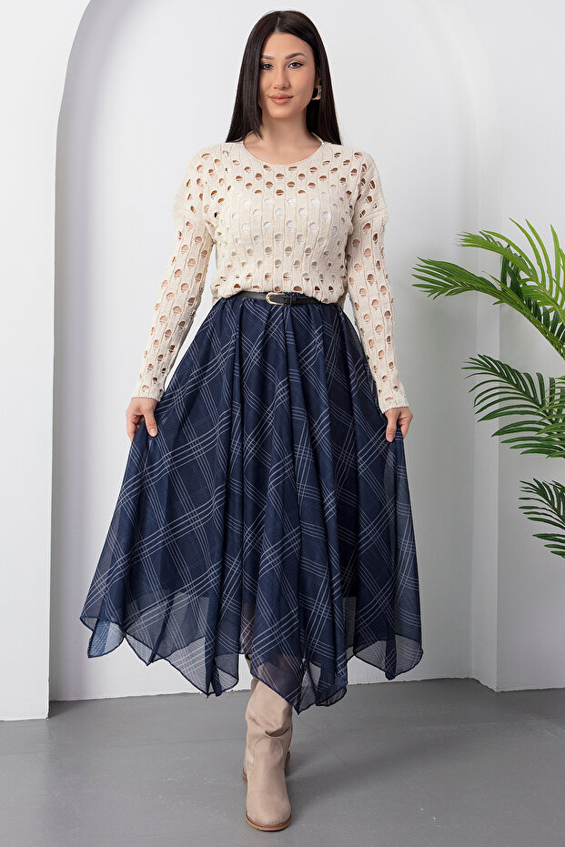 Dilimli Ekose Şifon Etek DKS1378 - 7