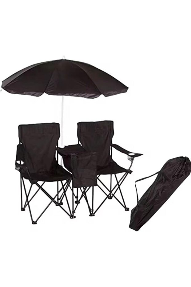 Portable Double Folding Chair Set with Umbrella Also Ice Bag For Cooling Drink, Beach Camping Chairs