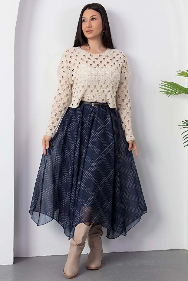 Dilimli Ekose Şifon Etek DKS1378 - 5