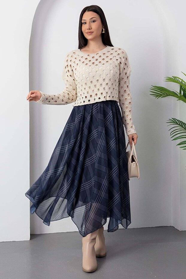 Dilimli Ekose Şifon Etek DKS1378 - 1