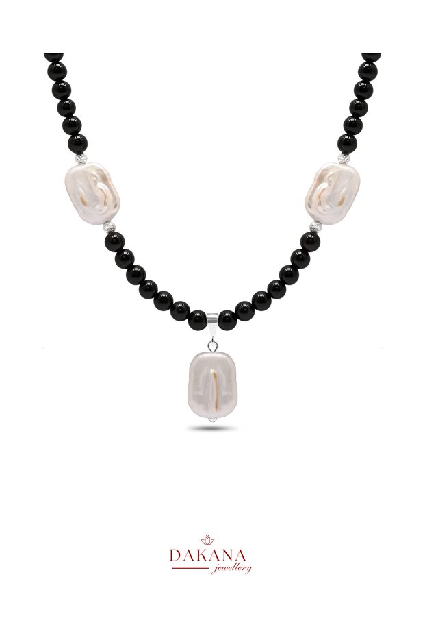 Certified 6mm Black Agate and Baroque Pearl Natural Stone Necklace