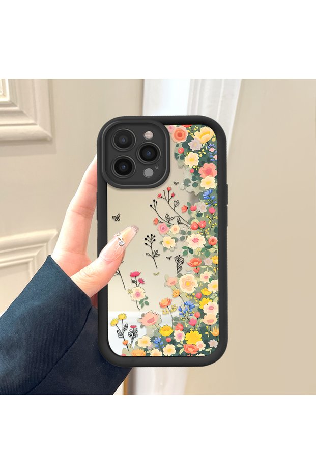 iPhone 14 Pro Compatible Flowers Mirror Anti-Fall Silicone Phone Case
