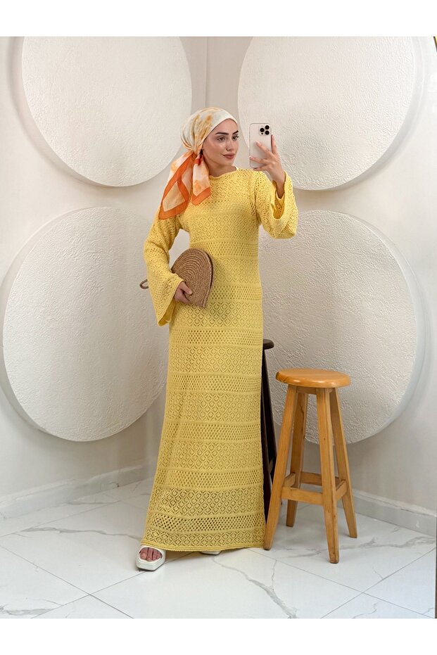 Fileli Örme Elbise-Sarı - 1