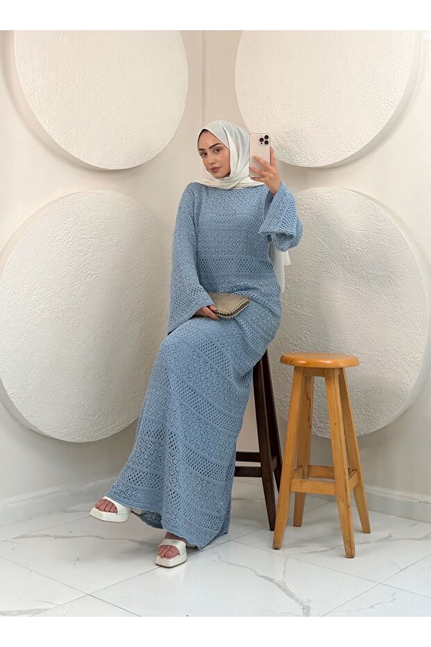 Fileli Örme Elbise-Mavi - 2