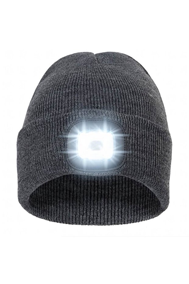 Winter Hat with LED Lantern, 3 Light Modes, Double Material, Universal Size, Gray - 2