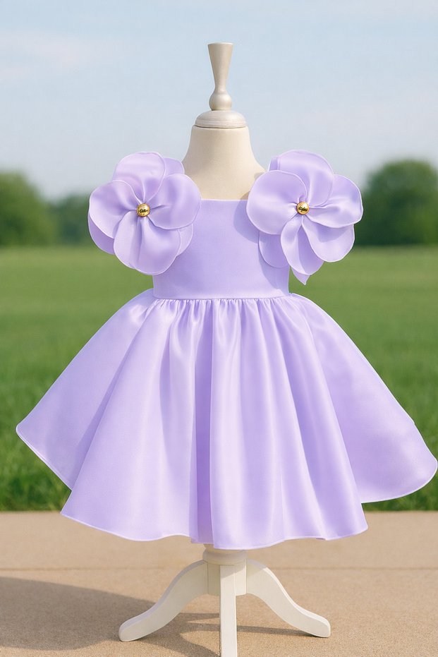 Special Design Lilac Flower Detailed Satin Girl's Evening Dress