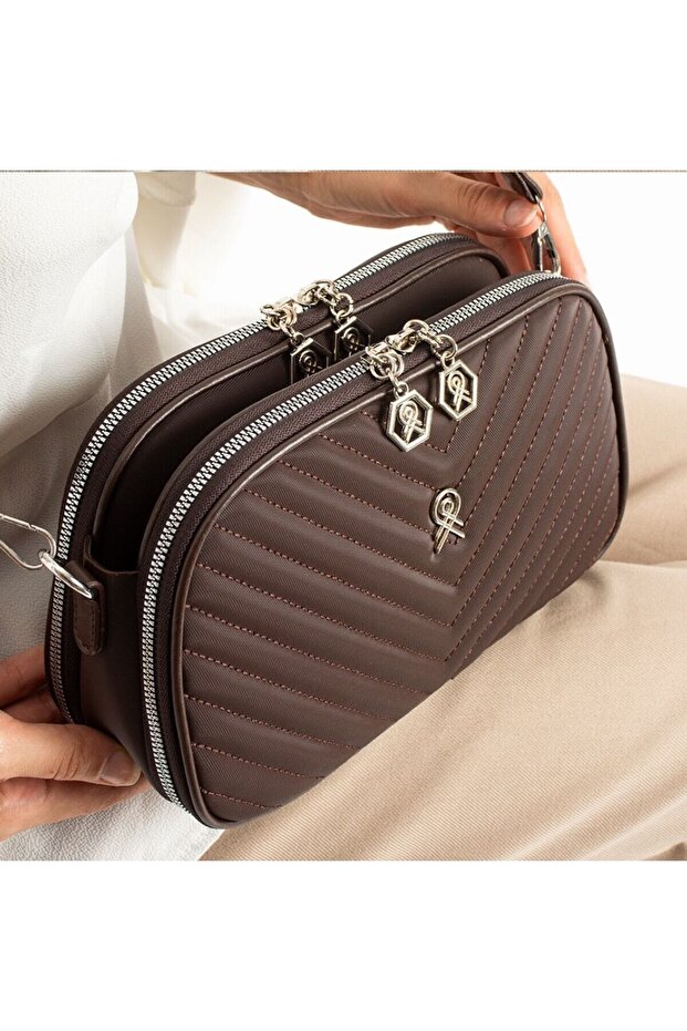 Women's Quilted V Patterned 3-Compartment Snap Fastener Adjustable Long Strap Shoulder Bag
