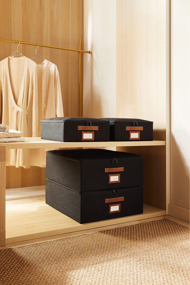 4-Piece Black Jute Under-Bed Suitcase Organizer Supported Box Storage 31X38X12 + 45X55X18